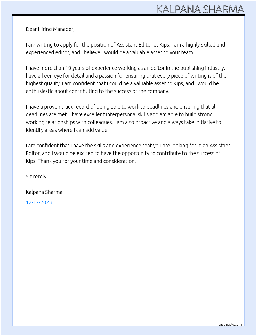 Assistant Editor At Kips Cover Letter