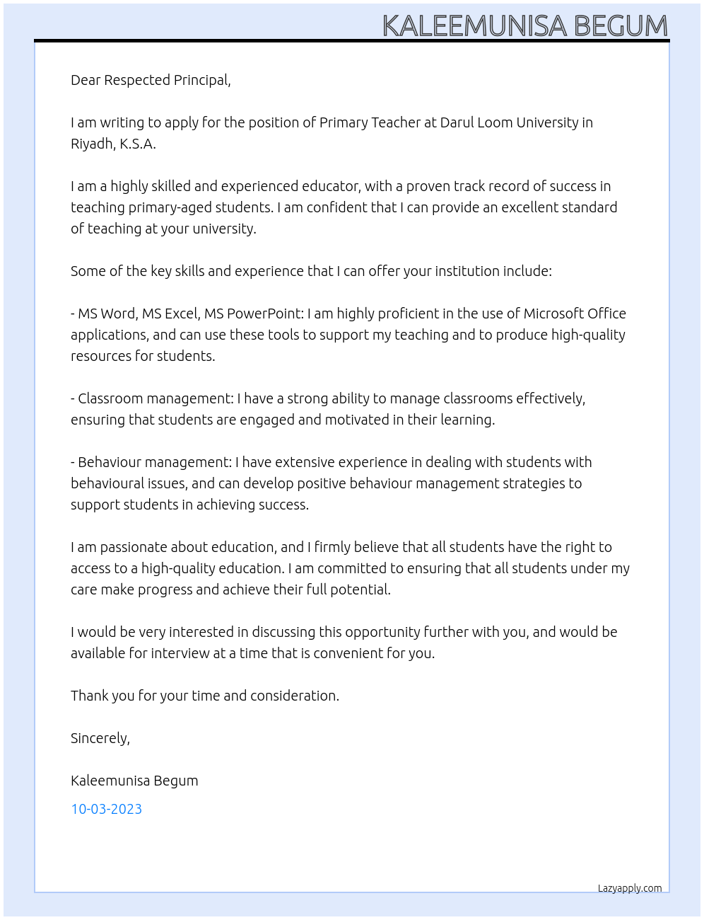 PRIMARY TEACHER At DARUL LOOM UNIVERSITY RIYADH K.S.A Cover Letter