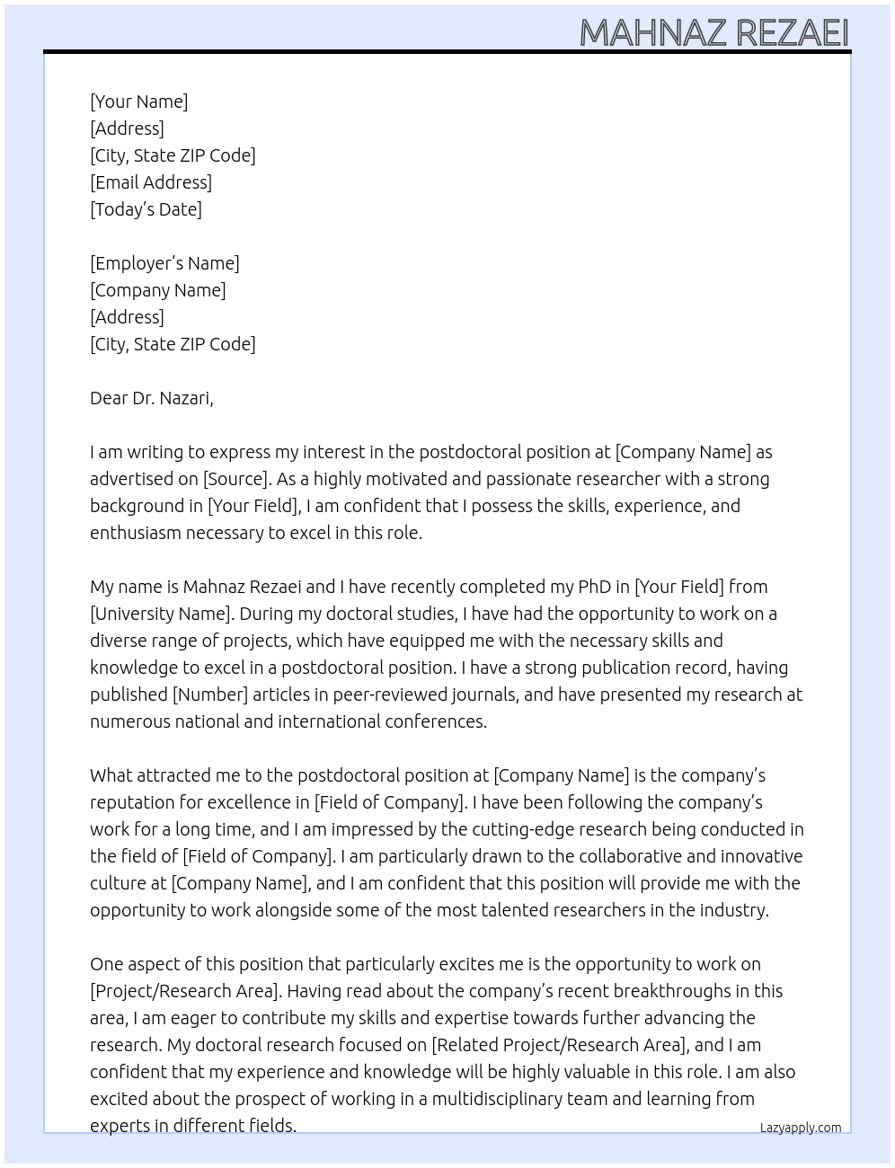 postdoc At posdac position Cover Letter