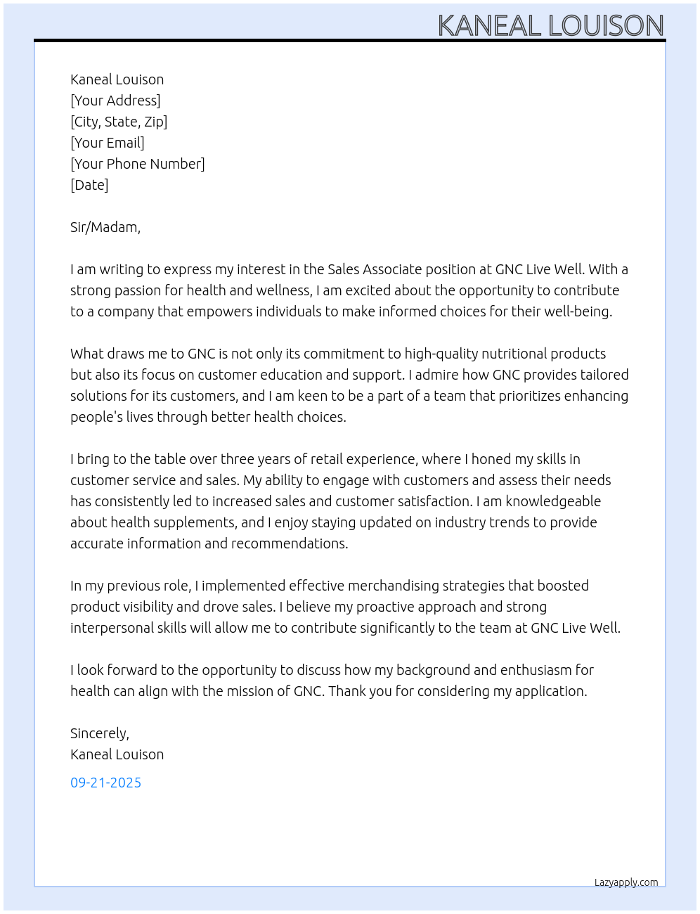 Sales Associate At GNC live well Cover Letter