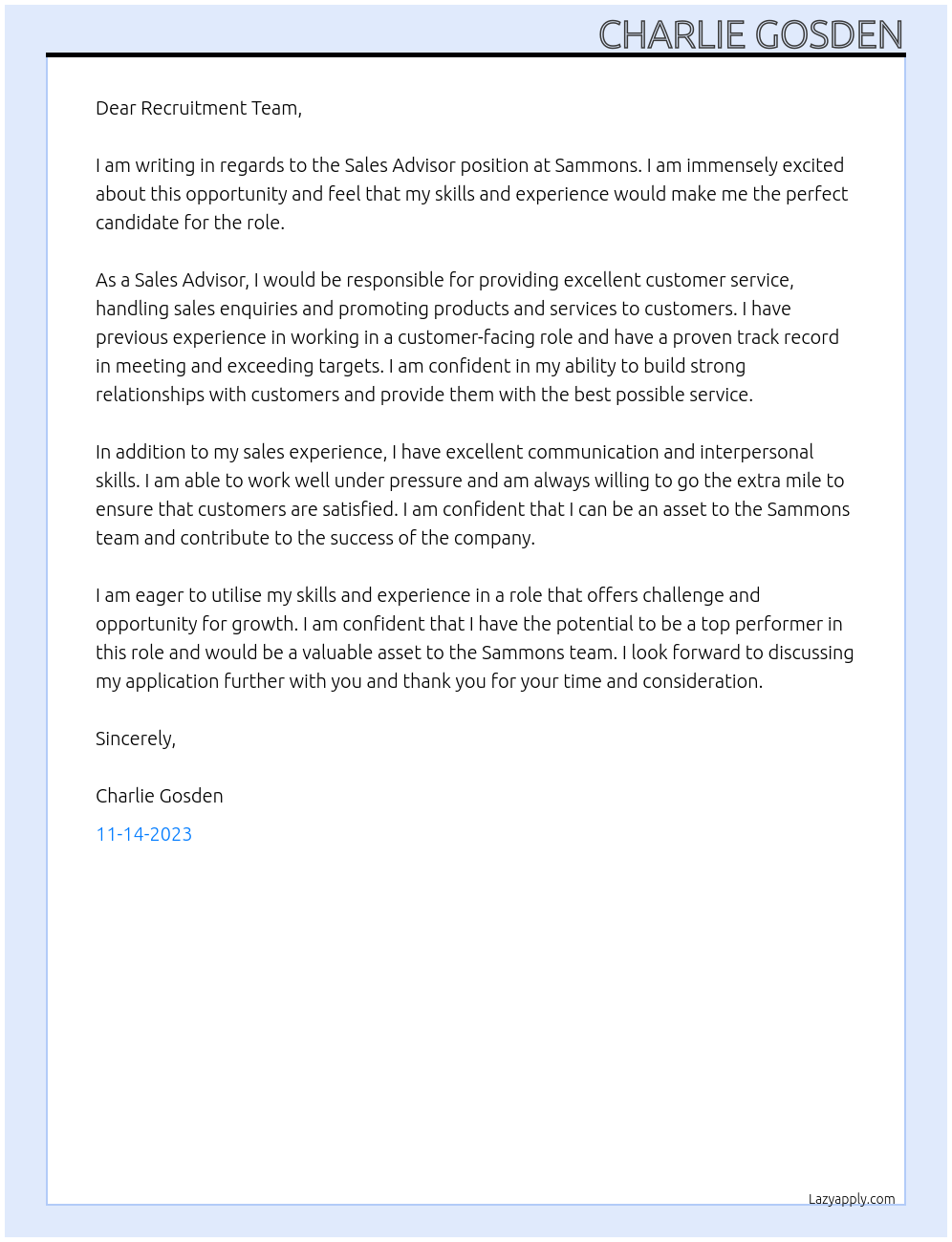 Sales advisor At Sammons Cover Letter