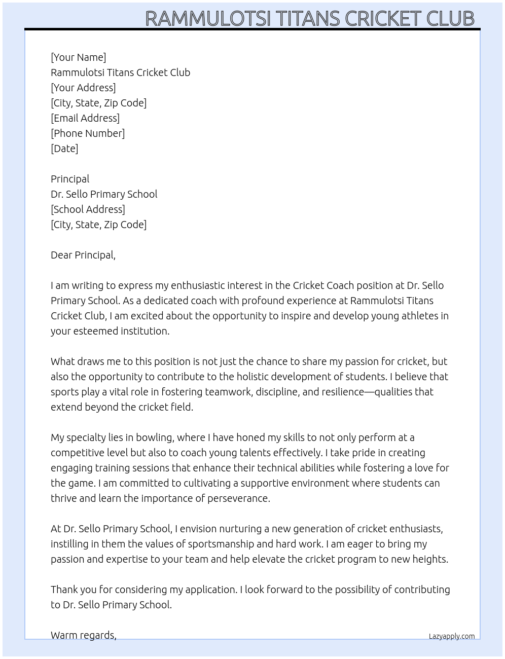 Cricket coach At Dr Sello primary school Cover Letter