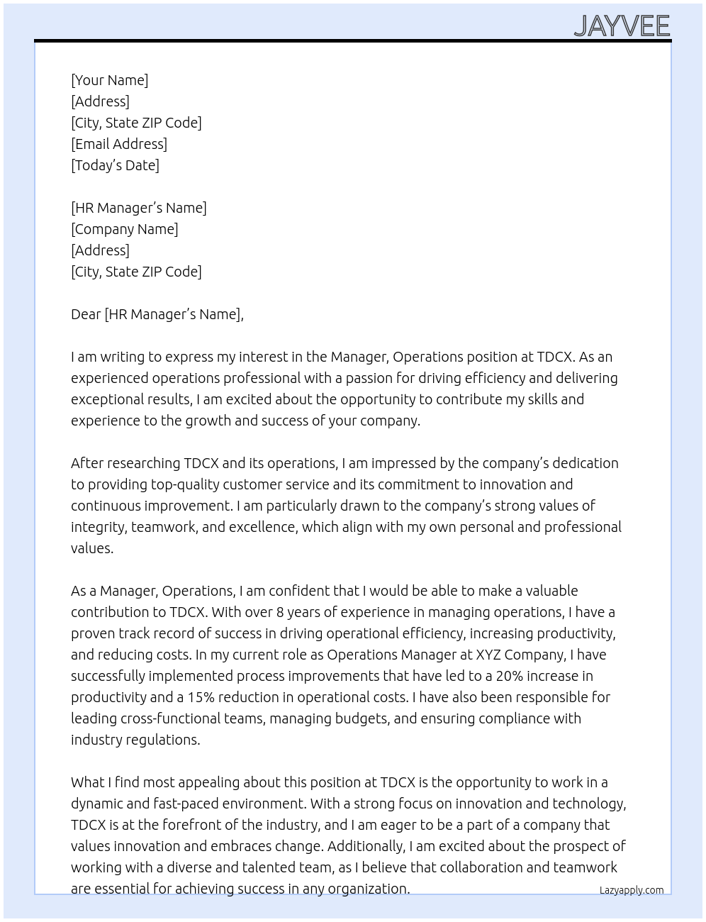 Manager, Operations At TDCX Cover Letter