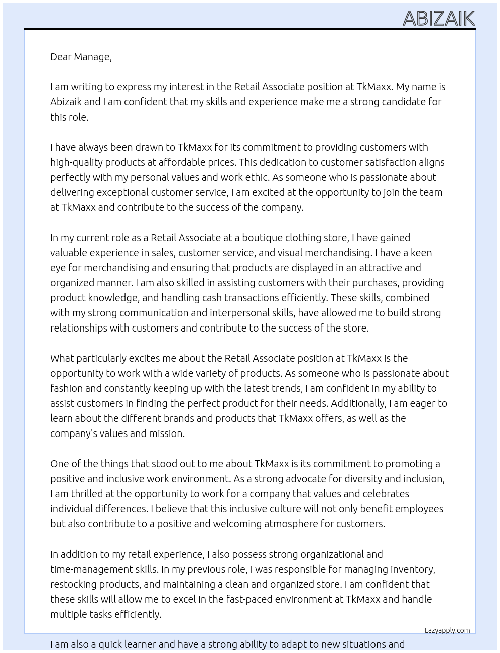 Retail Associate At TkMaxx Cover Letter