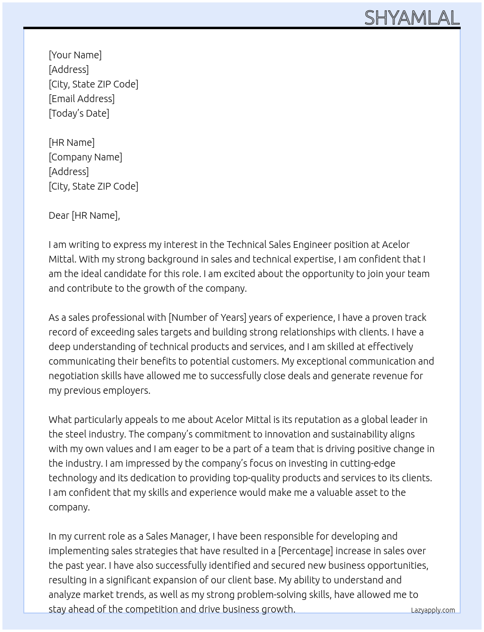 Technical sales engineer At Acelor mittal Cover Letter