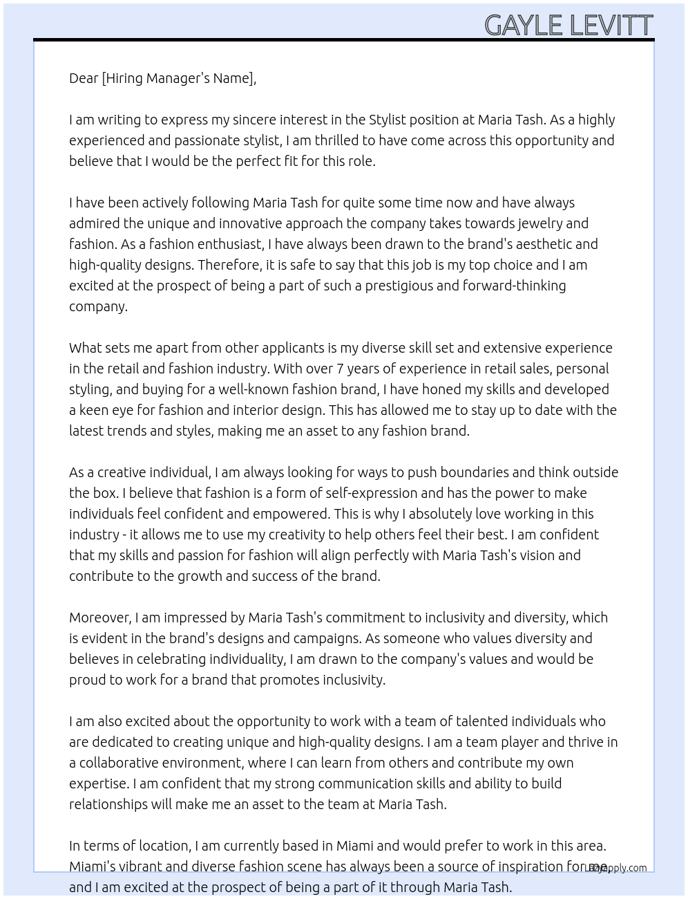 Stylist  At Maria Tash Cover Letter