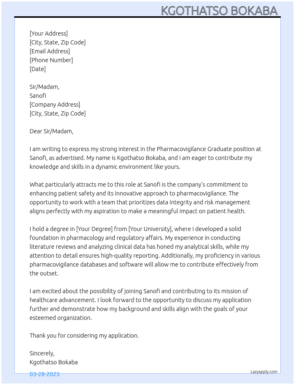 Pharmacovigilance Graduate  At Sanofi Cover Letter