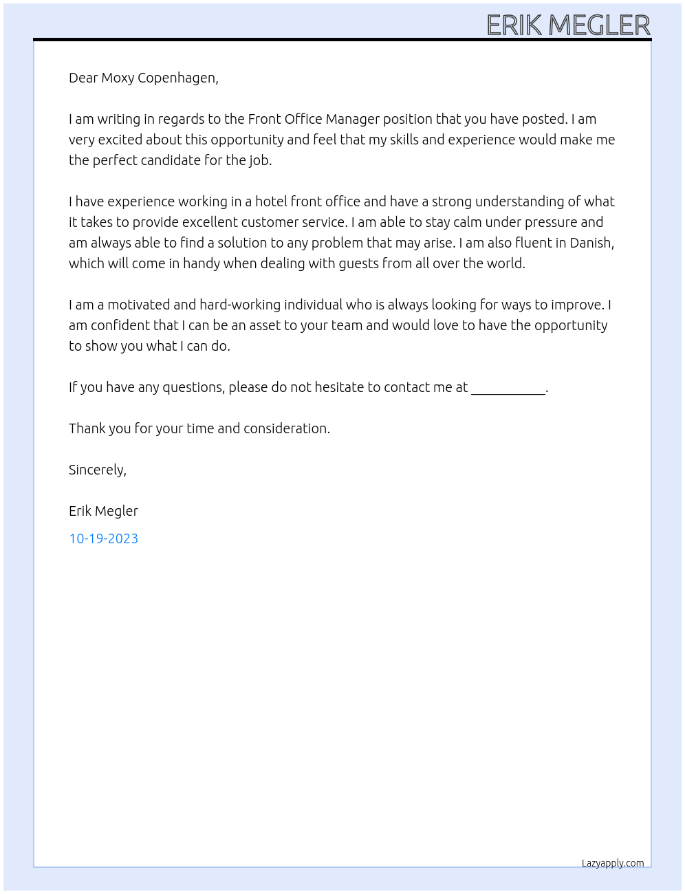 Front Office Manager At Moxy Copenhagen Cover Letter