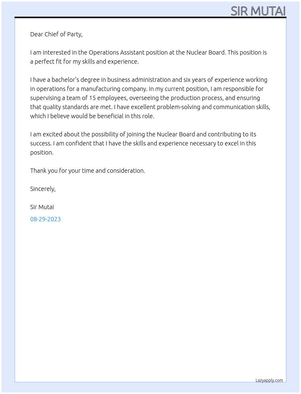 OPERATION ASSISTANT At NUCLEAR BOARD Cover Letter