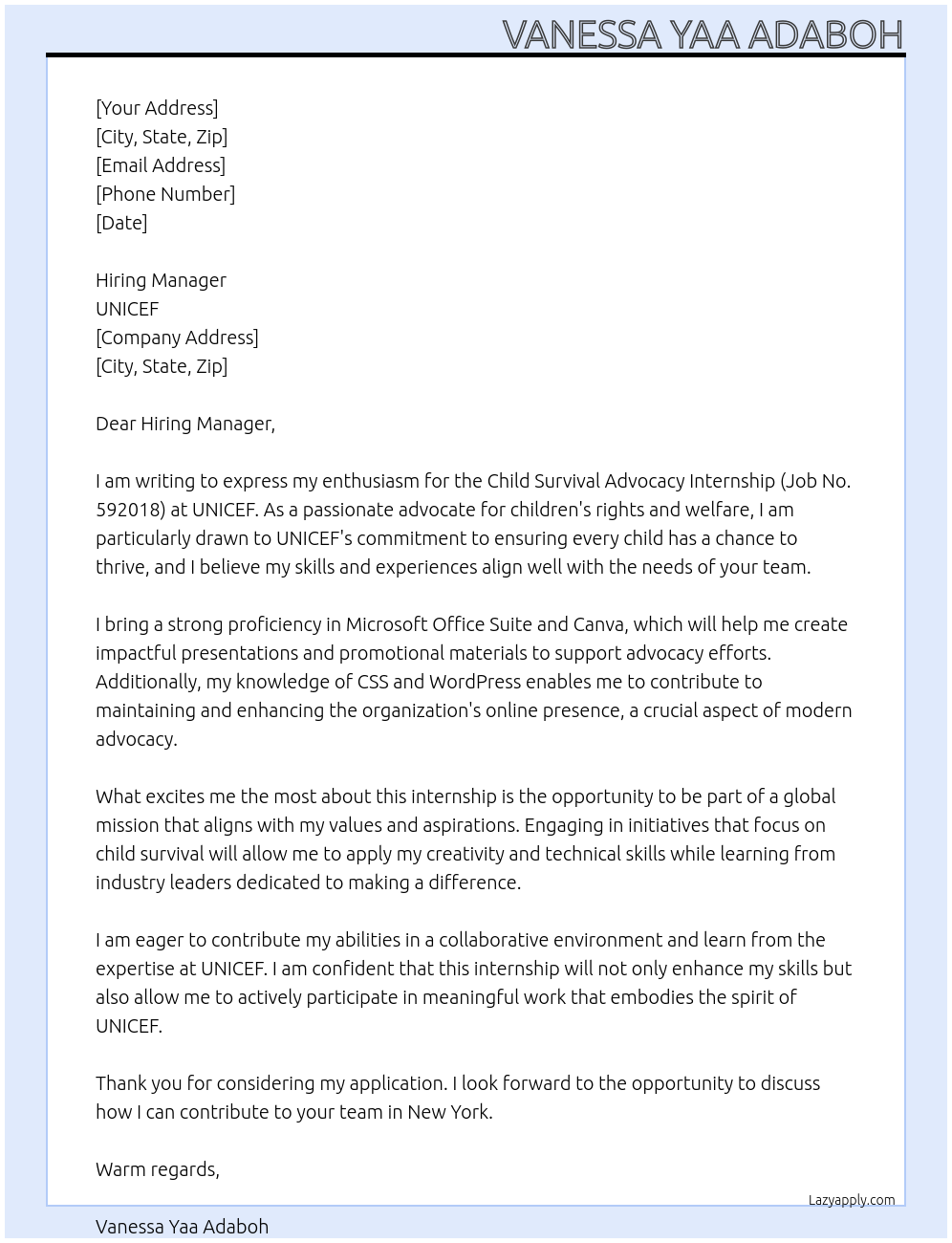 2 CHILD SURVIVAL ADVOCACY INTERNSHIP - JOB NO. 592018 At UNICEF Cover Letter