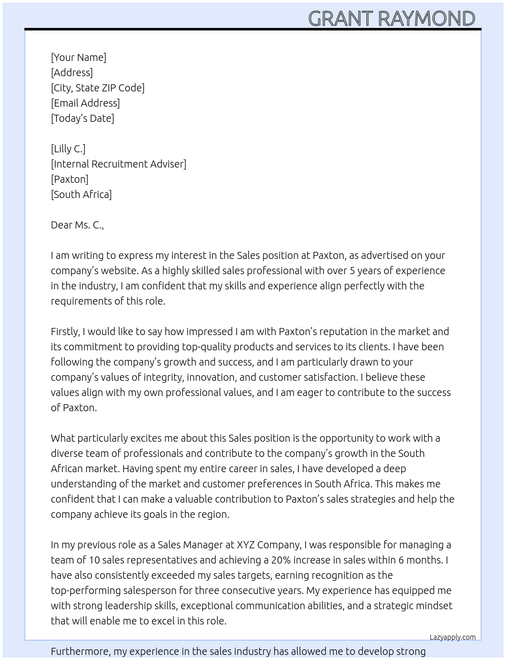 Sales At Paxton Cover Letter
