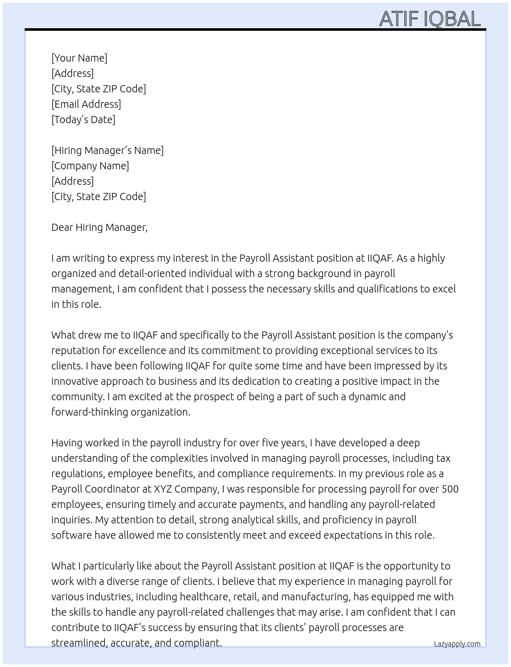 Payroll Assistant  At IIQAF Cover Letter