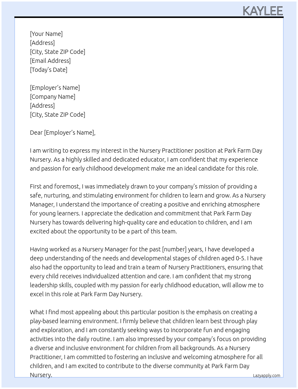 Nursery practitioner  At Park Farm Day Nursery Cover Letter