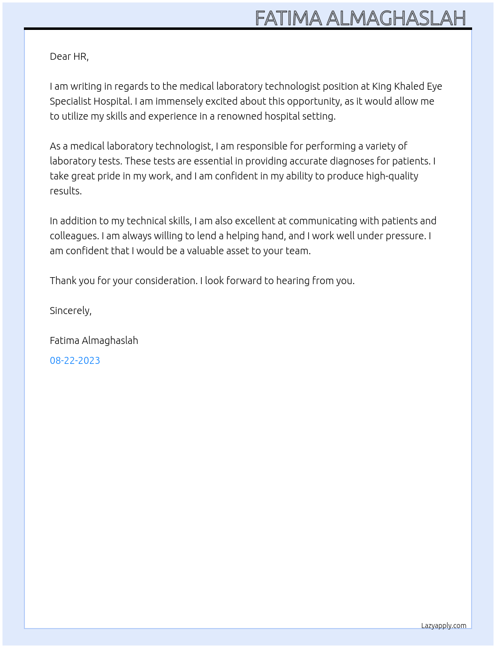 Medical laboratory technologist  At King Khaled Eye Specialist Hospital Cover Letter