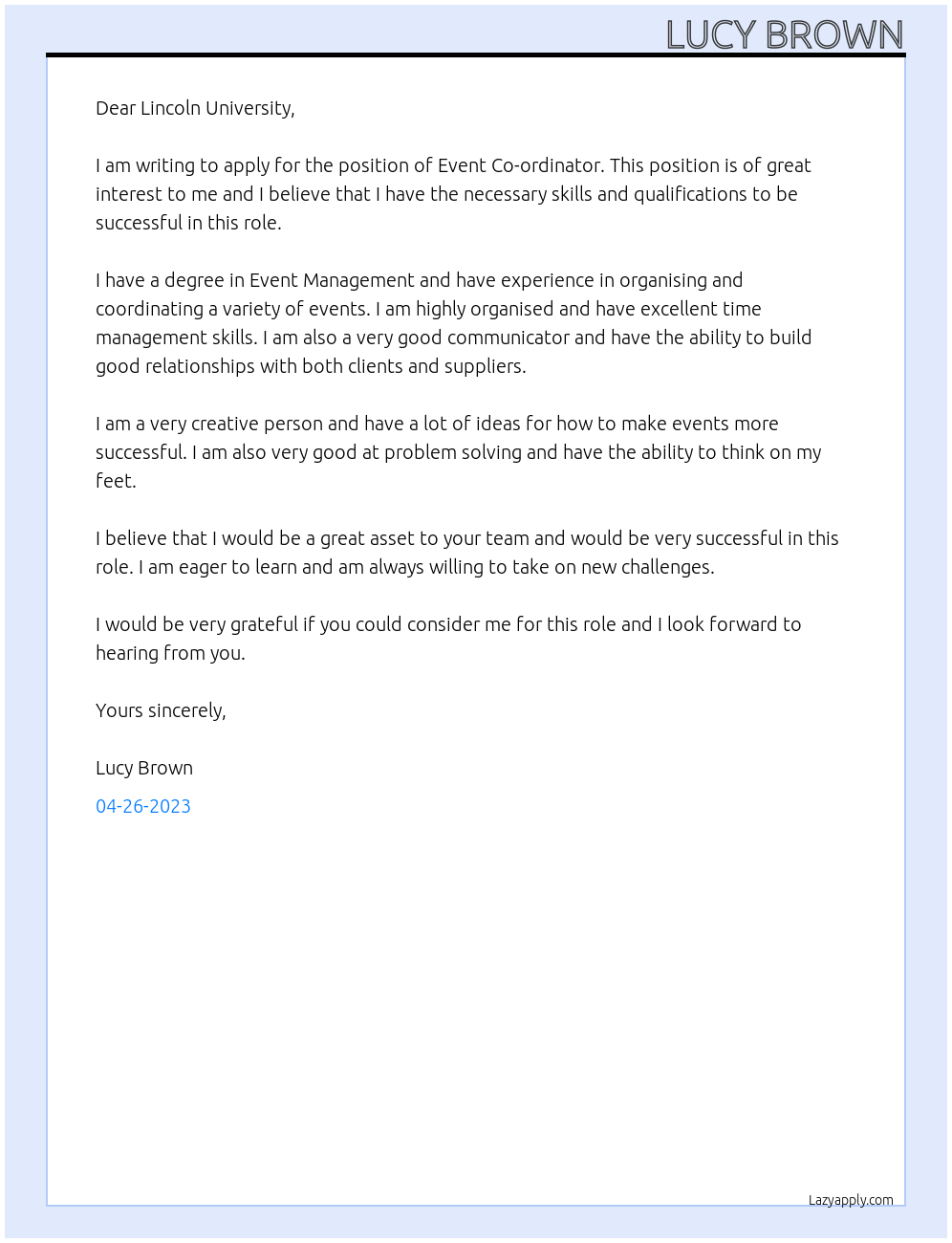 Event Co-ordinator At Lincoln Uniniversity Cover Letter
