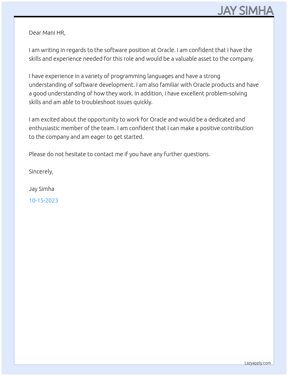 software At ORACLE Cover Letter
