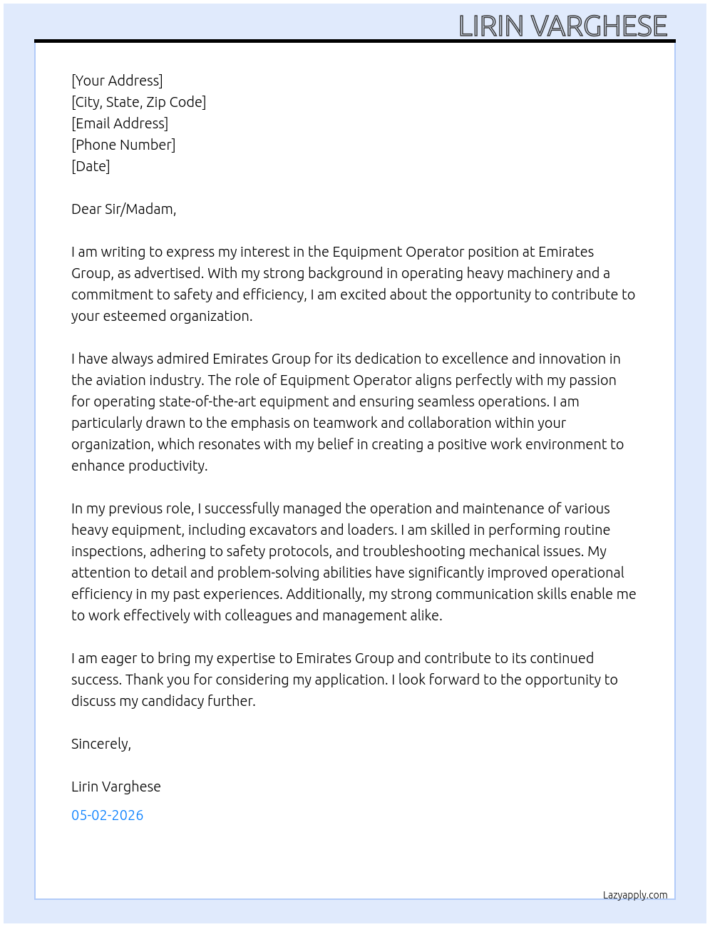Equipment Operator At Emirates group  Cover Letter