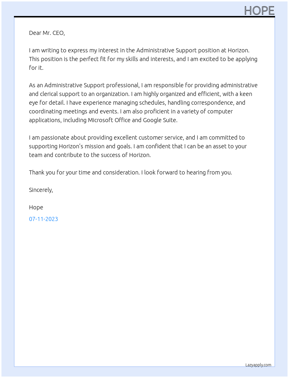 Administrative support At Horizon Cover Letter