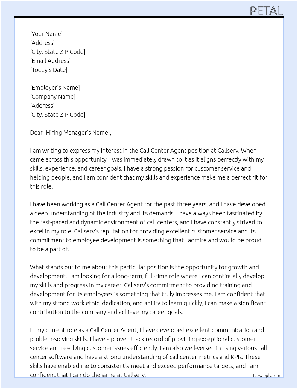 Call center agent At Callserv Cover Letter