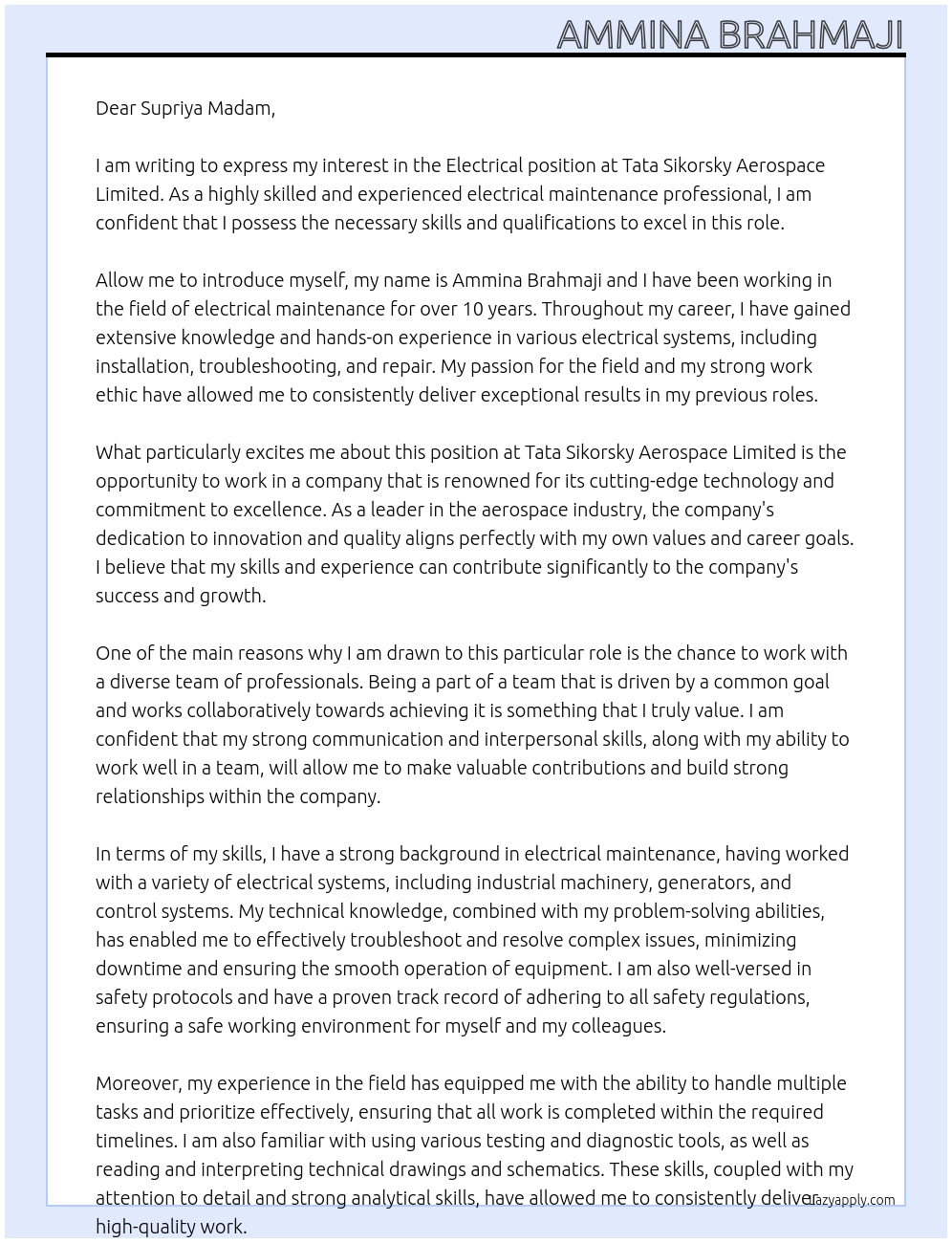 Electrical At Tata sikorsky Aerospace limited Cover Letter