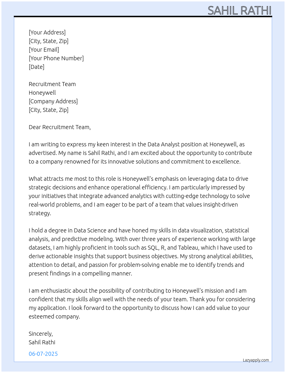 Data analyst At Honeywell Cover Letter