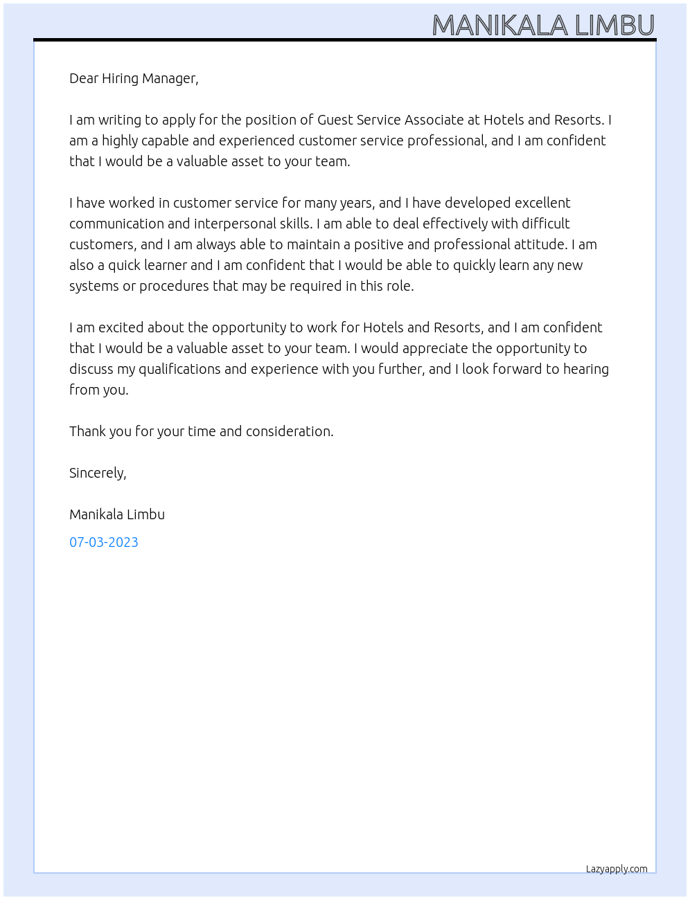 GUEST SERVICE ASSOCIATE At HOTELS AND RESORTS Cover Letter