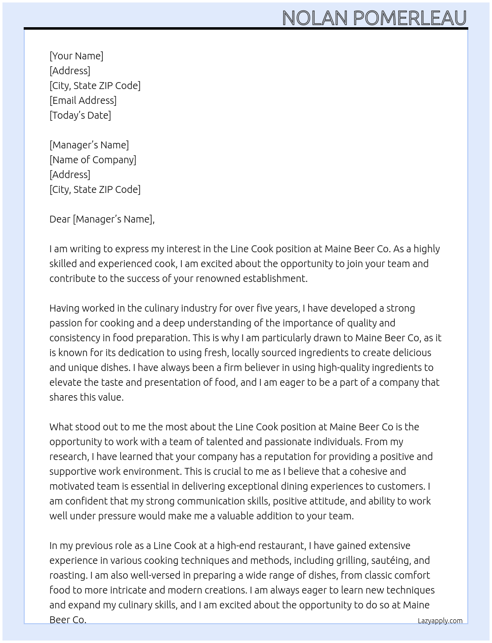 Line Cook At Maine Beer Co Cover Letter