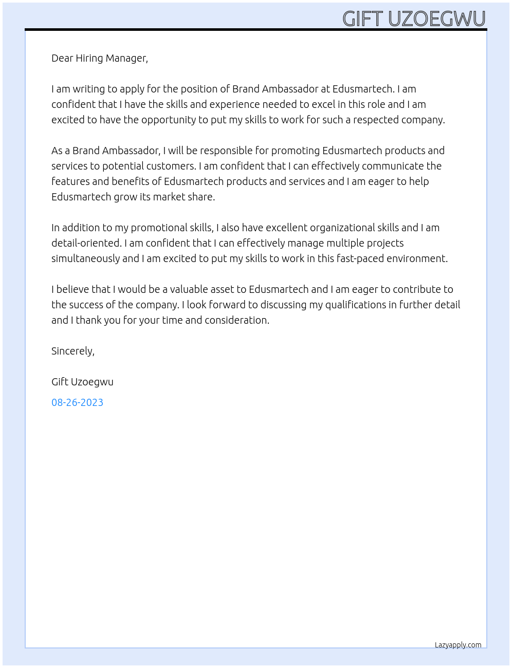 Brand Ambassador  At Edusmartech Cover Letter