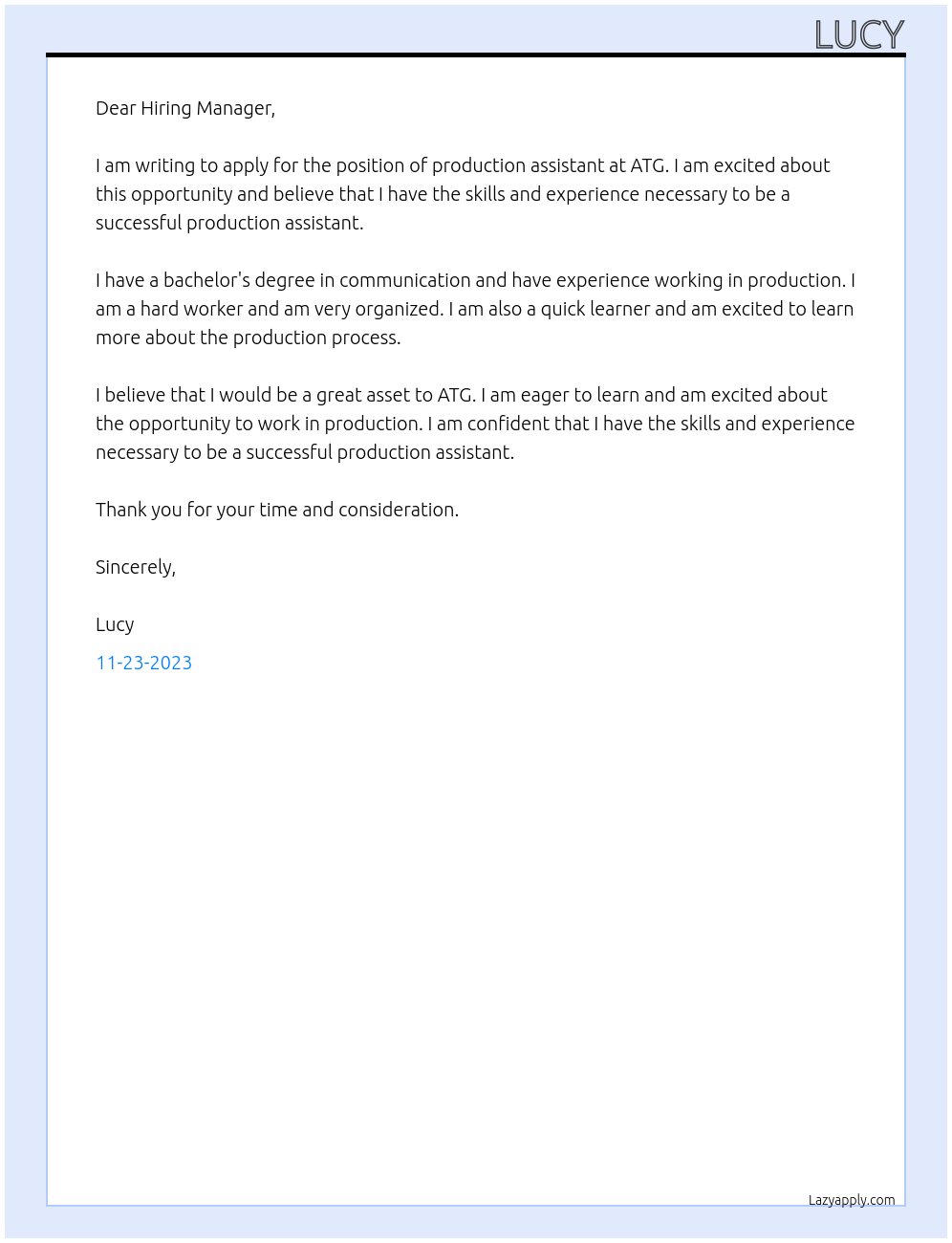 production assistant At atg  Cover Letter