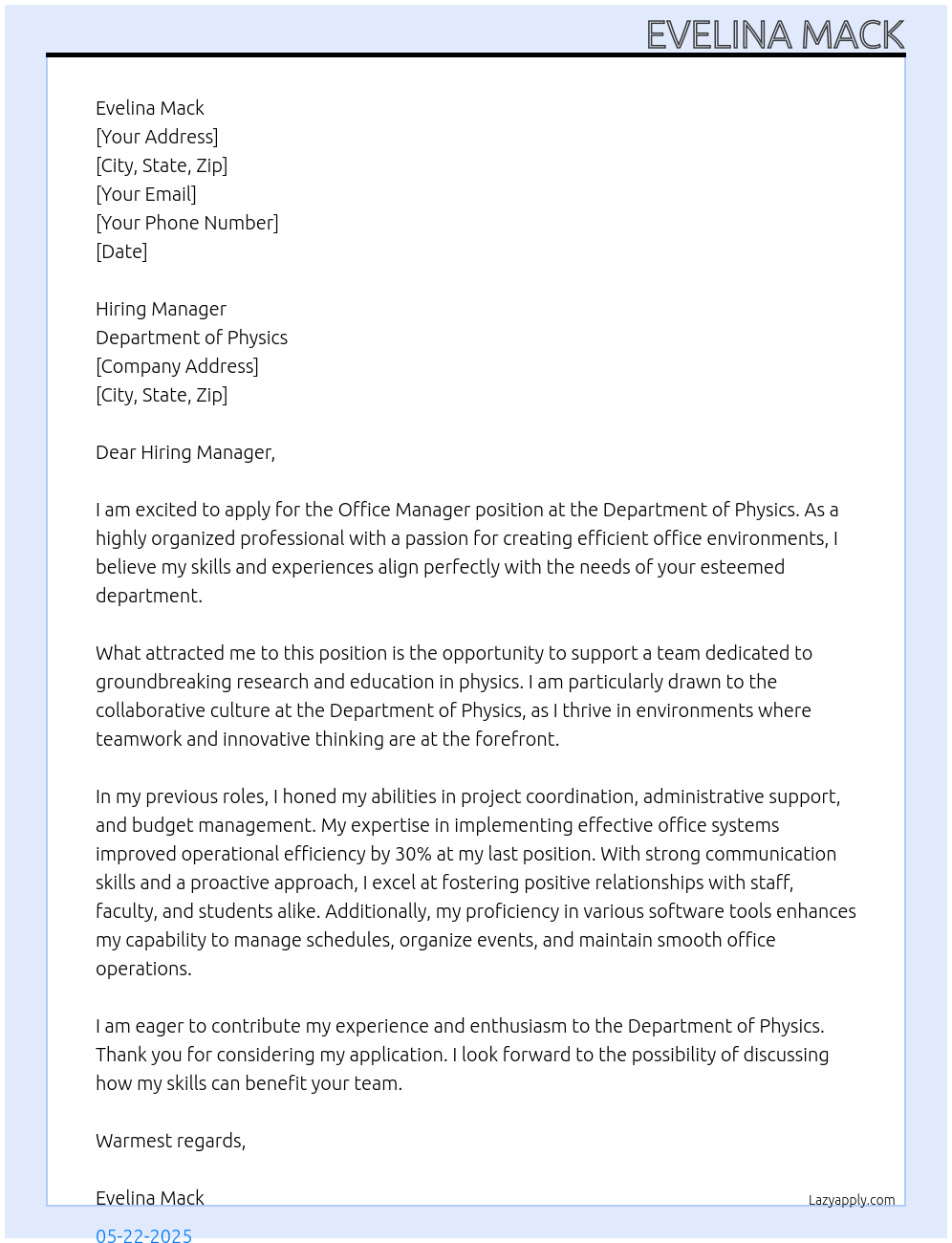 Office Manager At Department of Physics Cover Letter