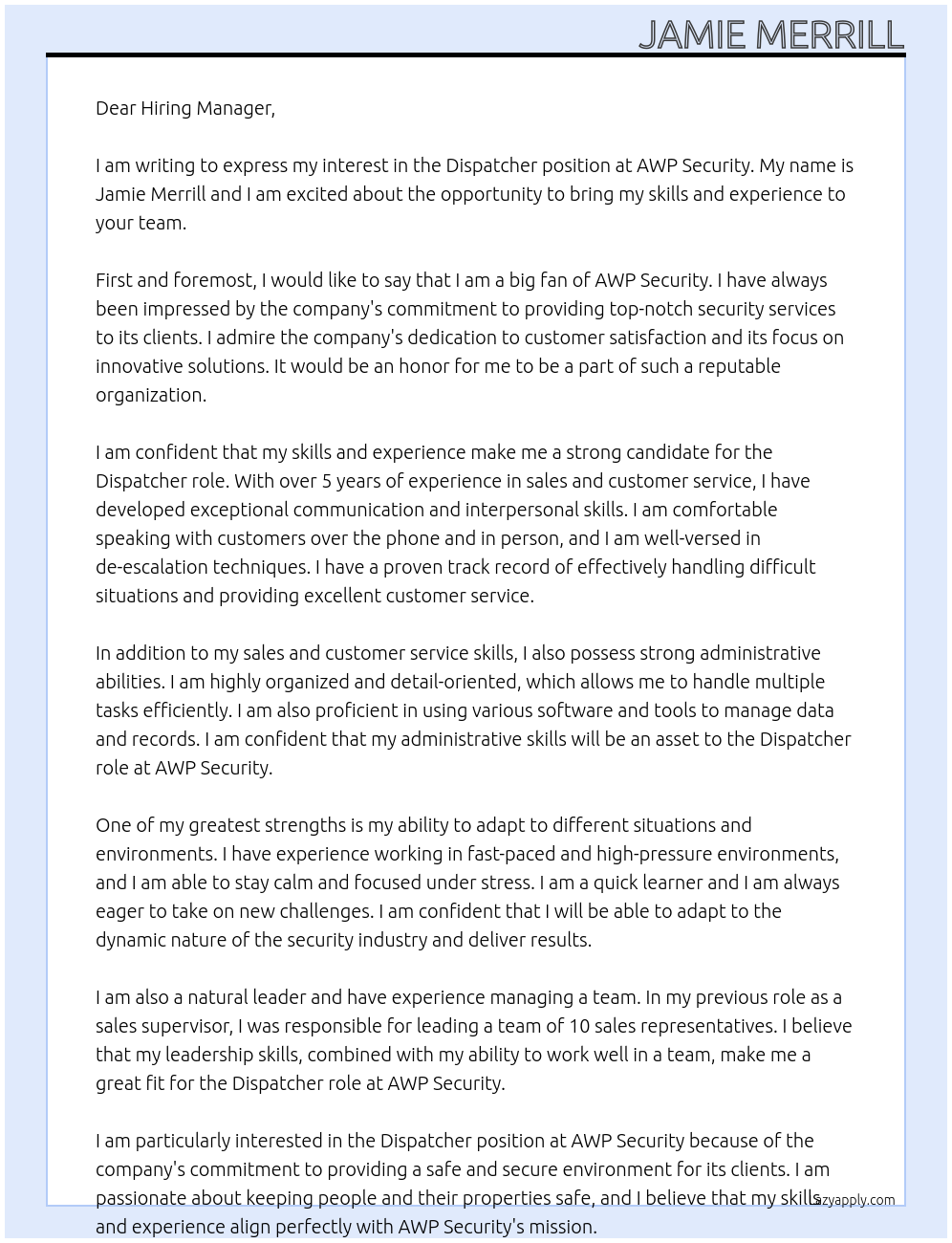 Dispatcher At AWP security Cover Letter
