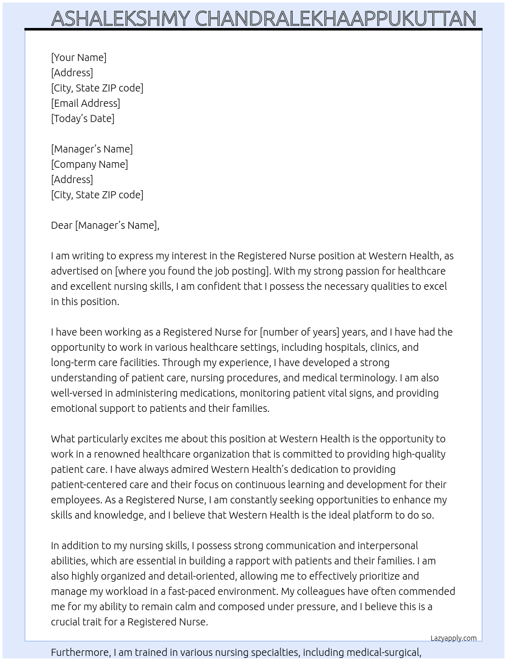 Registered Nurse At Western Health Cover Letter