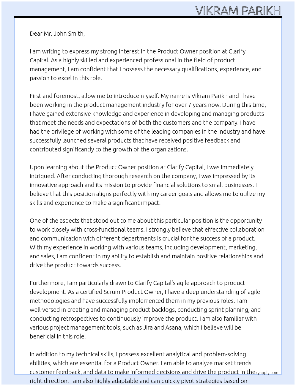 Product Owner At Clarify Capital Cover Letter