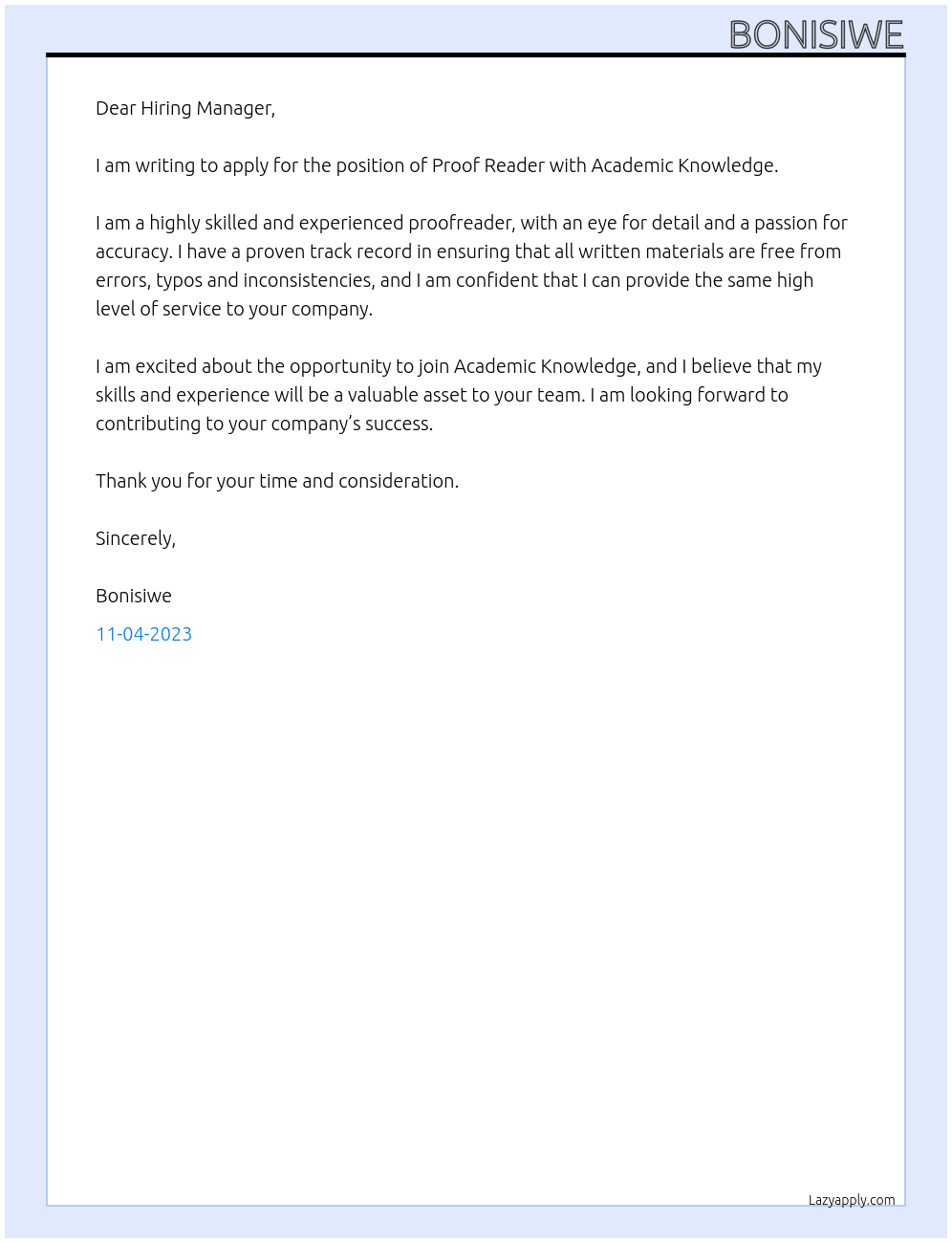 Proof reader At academic knowledge Cover Letter
