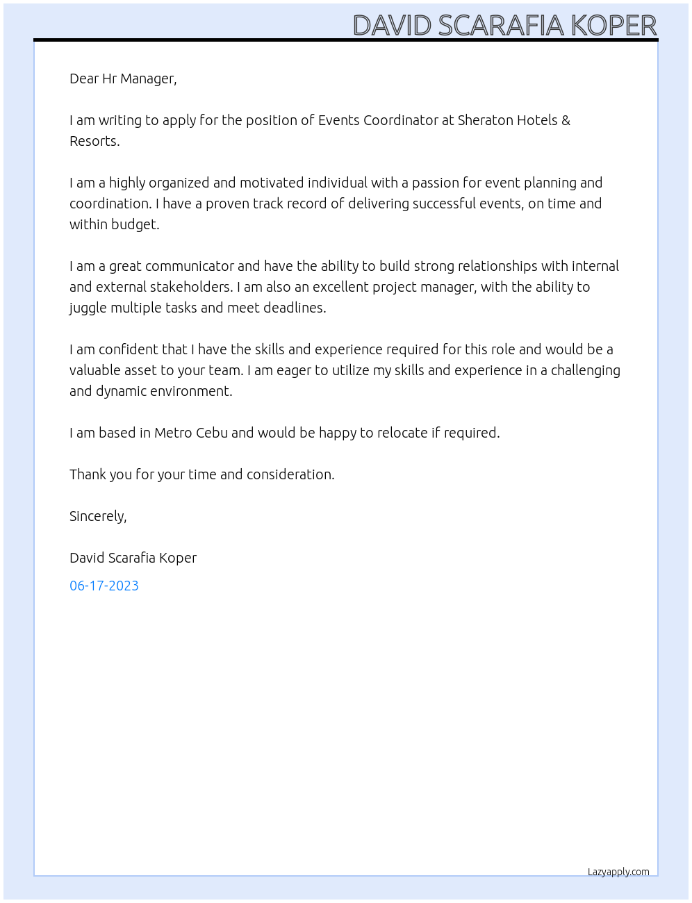 Events Coordinator At Sheraton Hotels & Resorts Cover Letter