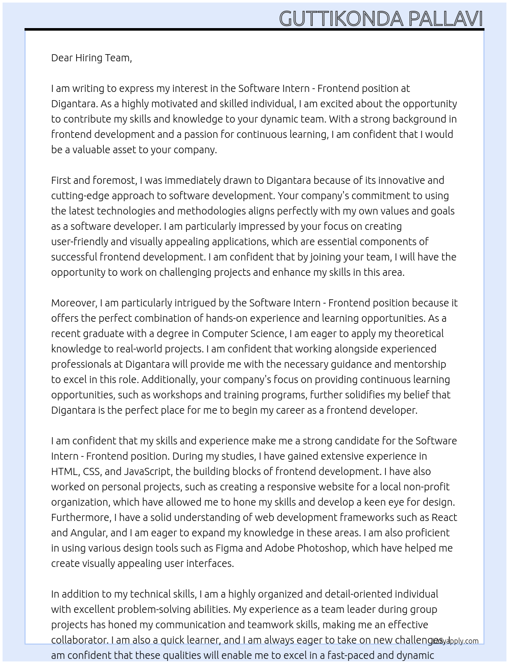 Software Intern - Frontend At Digantara Cover Letter