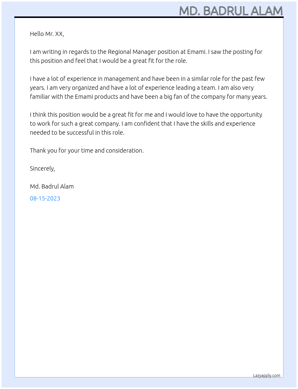 Regional Manager At Emami Cover Letter