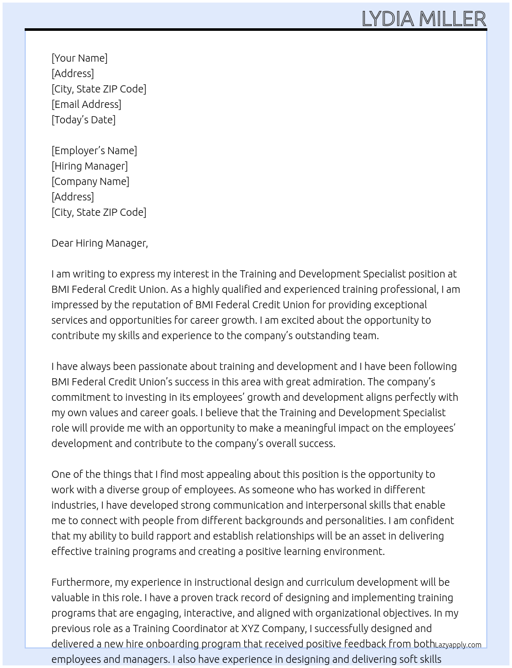 Training and Development Specialist At BMI Federal Credit Union Cover Letter