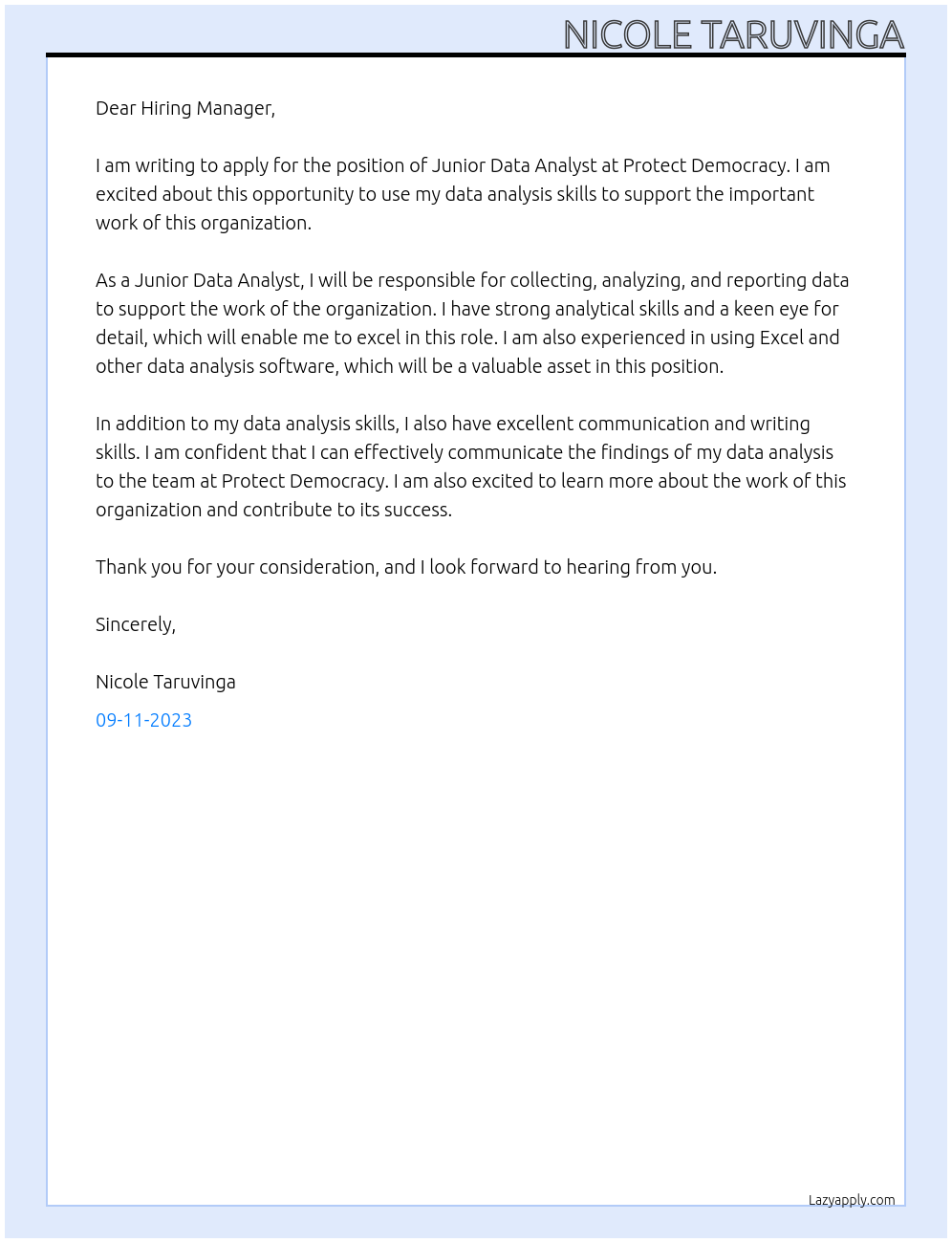Junior Data Analyst At Protect Democracy Cover Letter