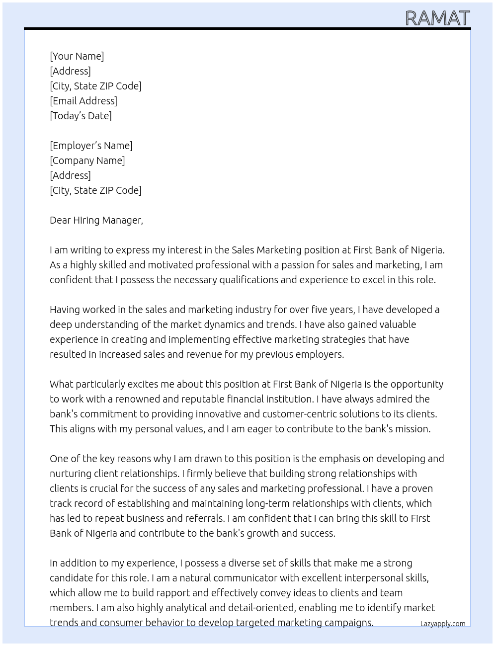 Sales Marketing At First Bank of Nigeria Cover Letter