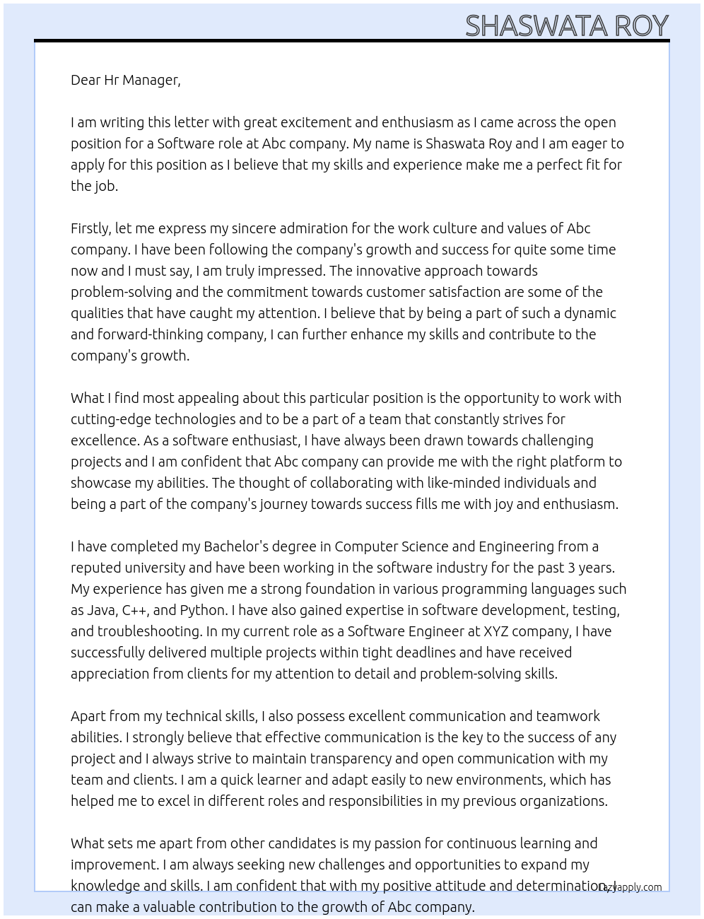 Software At Abc company Cover Letter