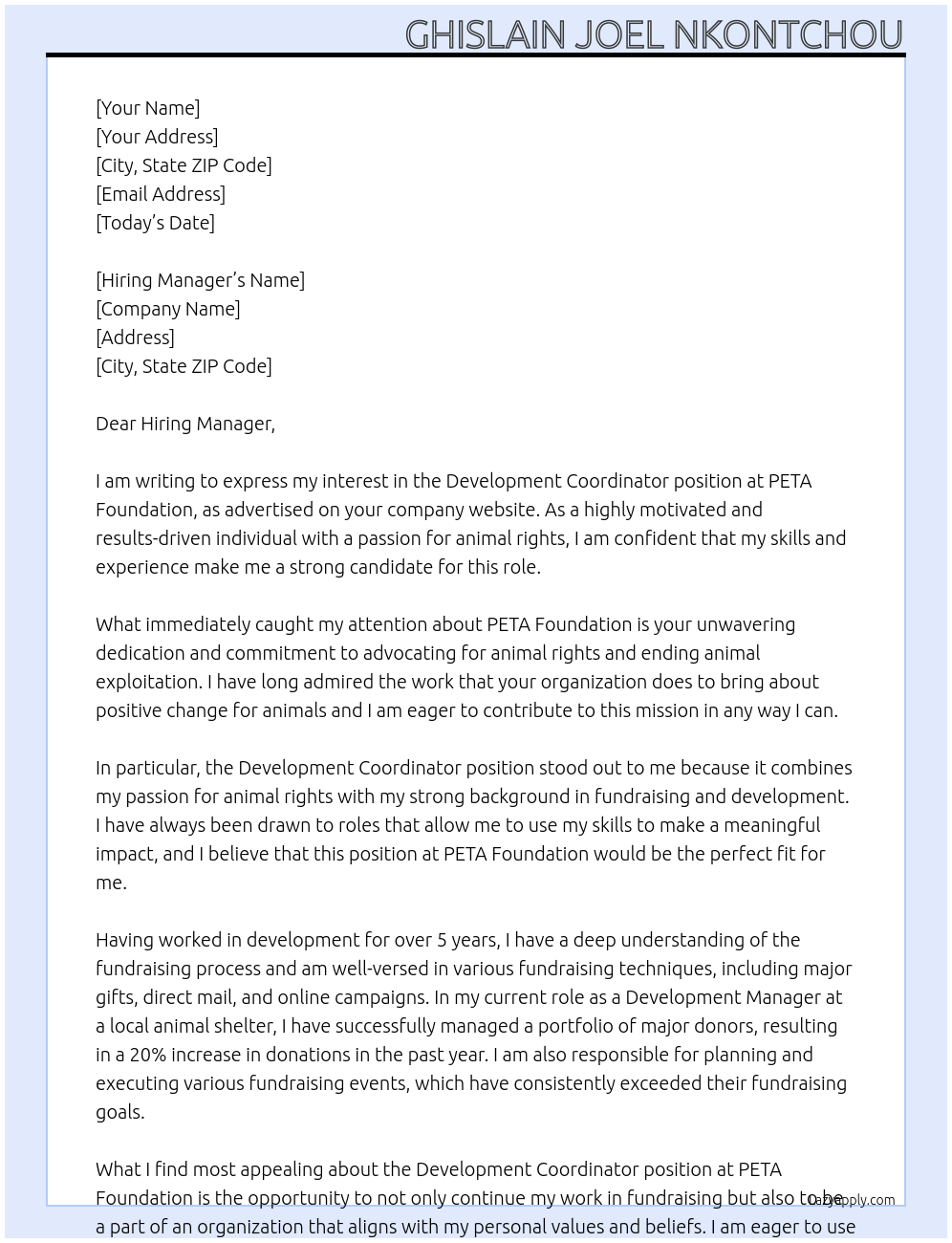 Development Coordinator At PETA Foundation Cover Letter