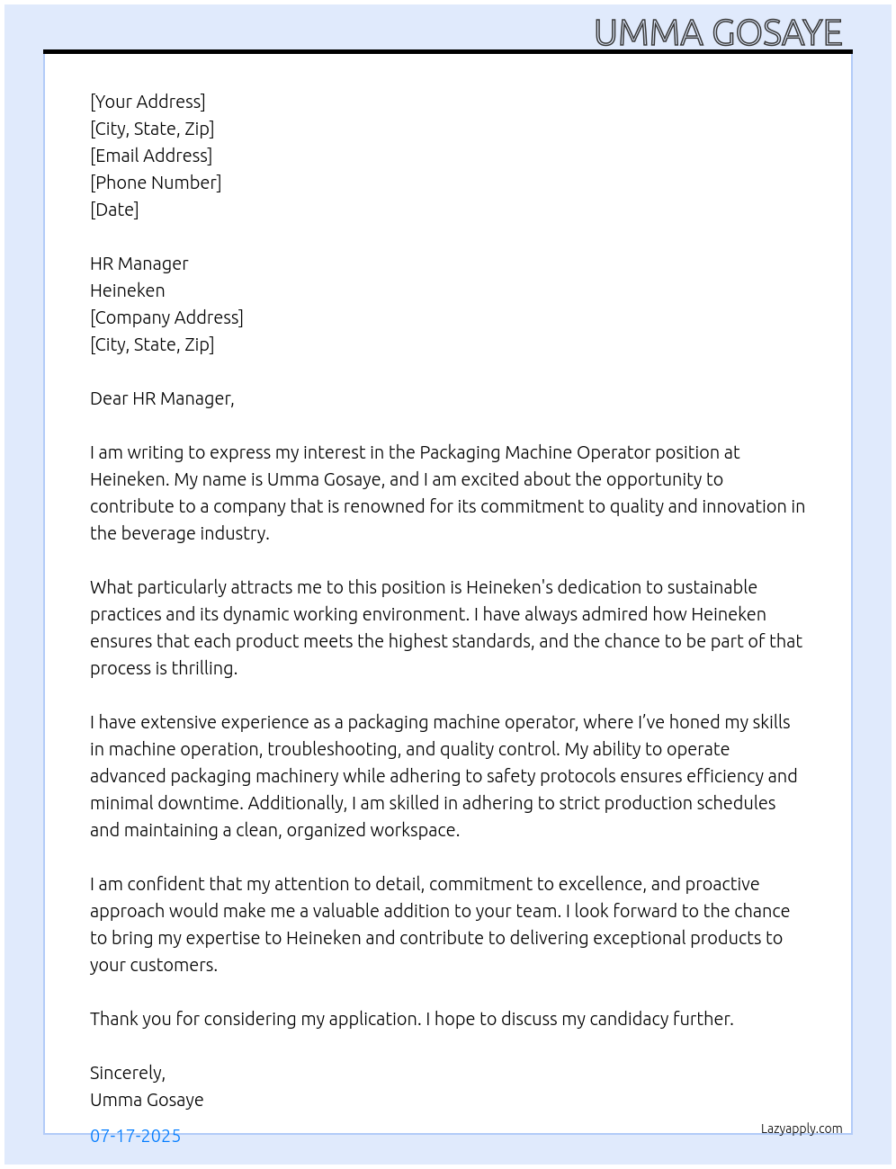 Cover letter for packaging machine operator - LazyApply