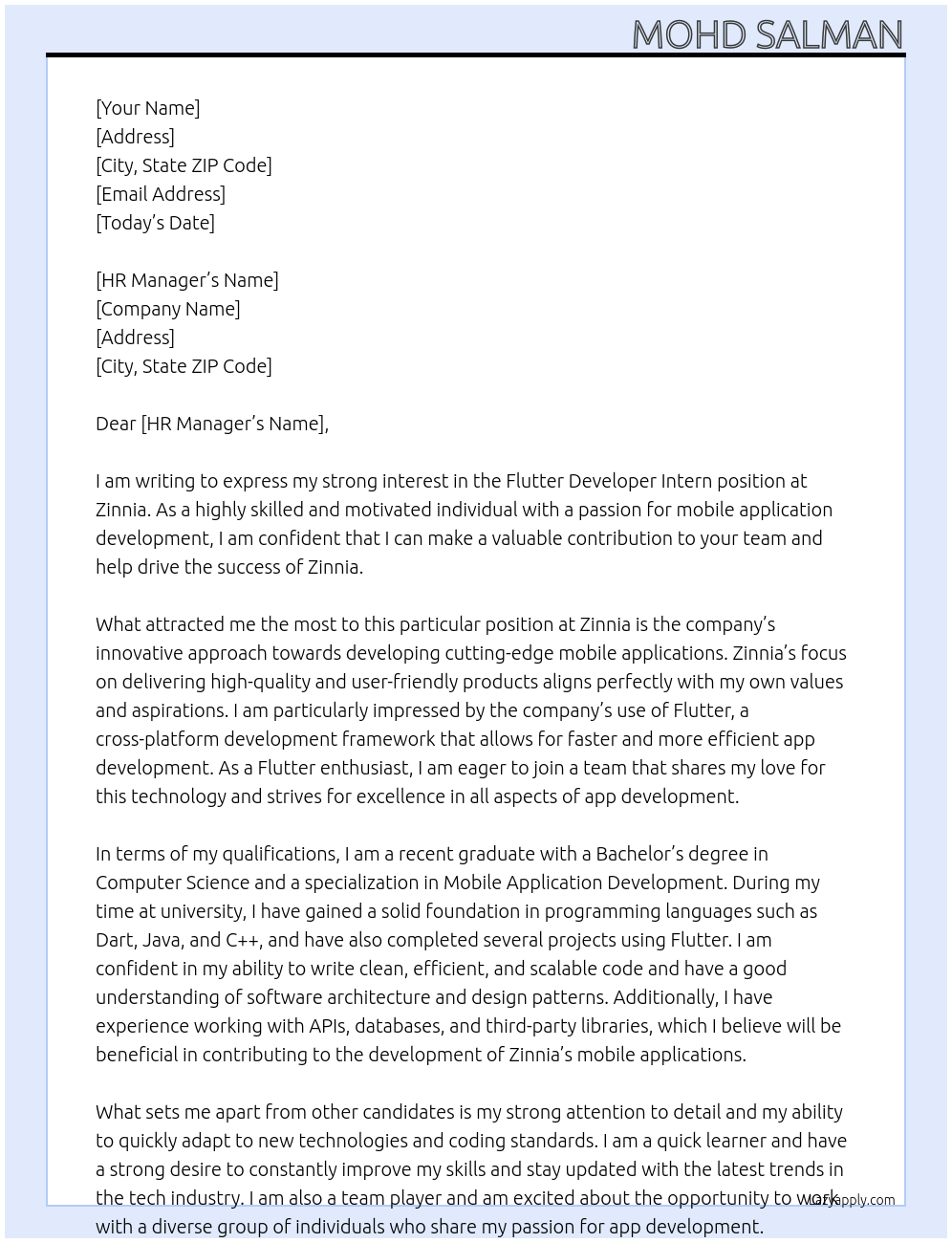 Flutter Developer Intern At Zinnia Cover Letter
