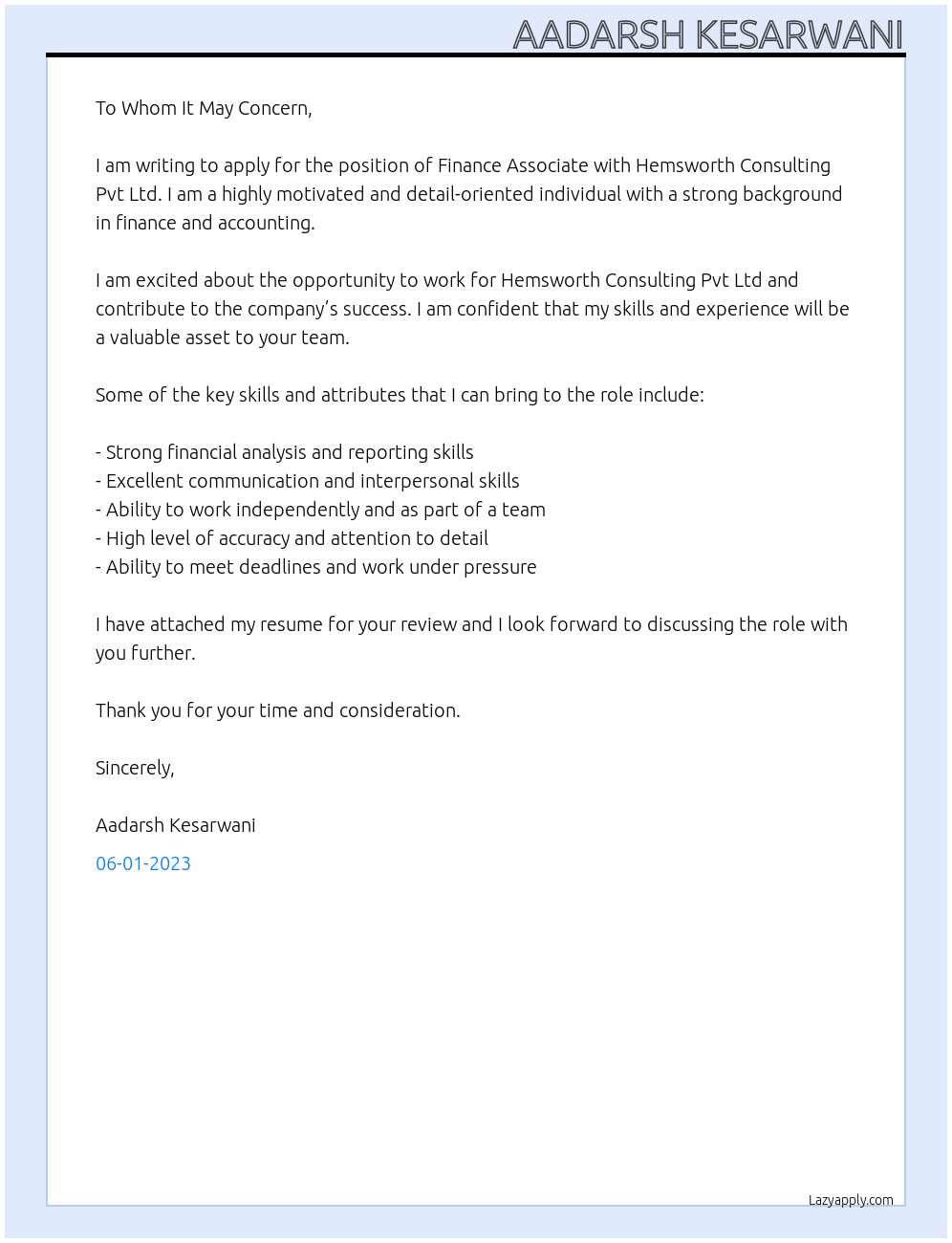 Finance associate At Hemsworth consulting pvt ltd Cover Letter