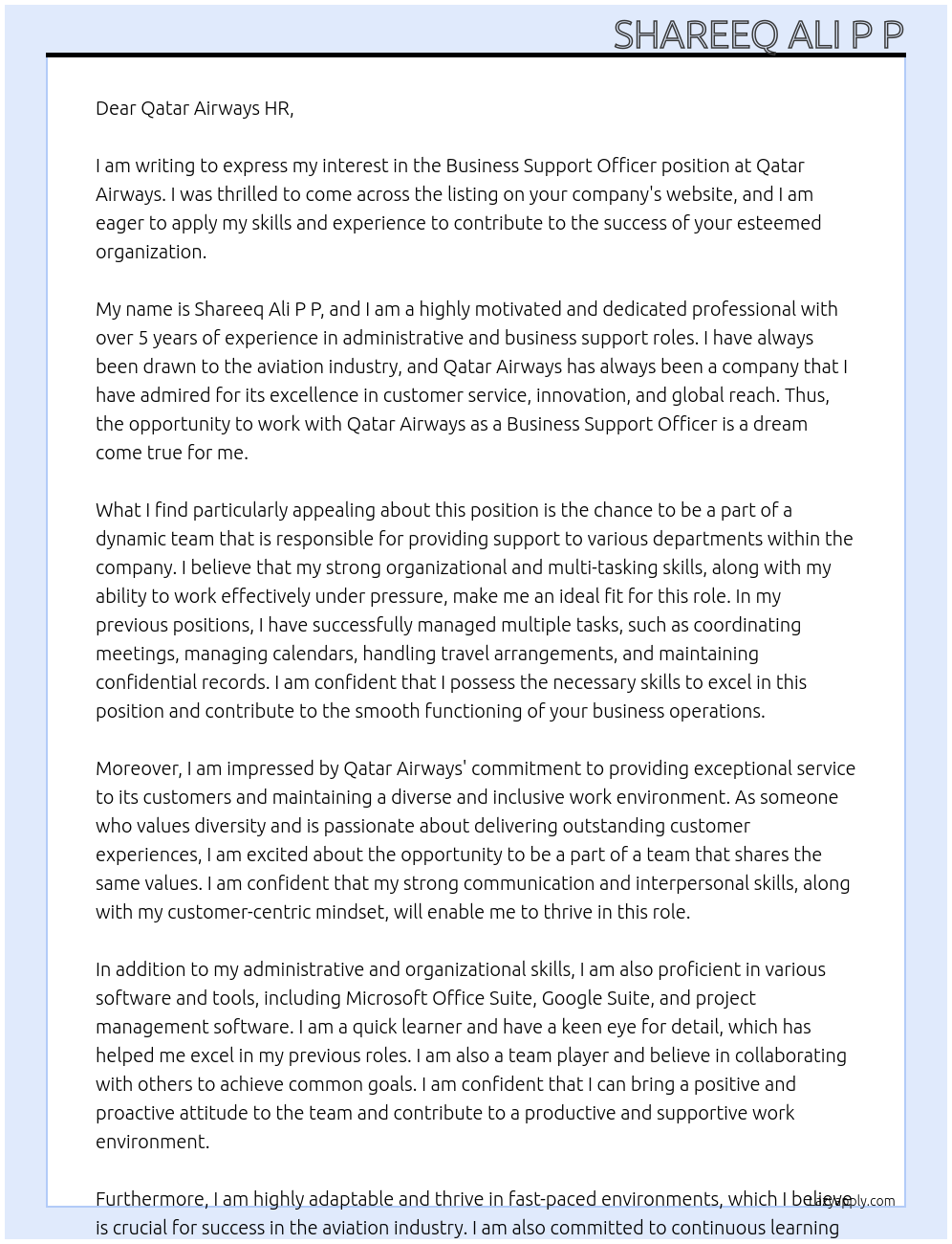 Business Support Officer At Qatar Airways Cover Letter