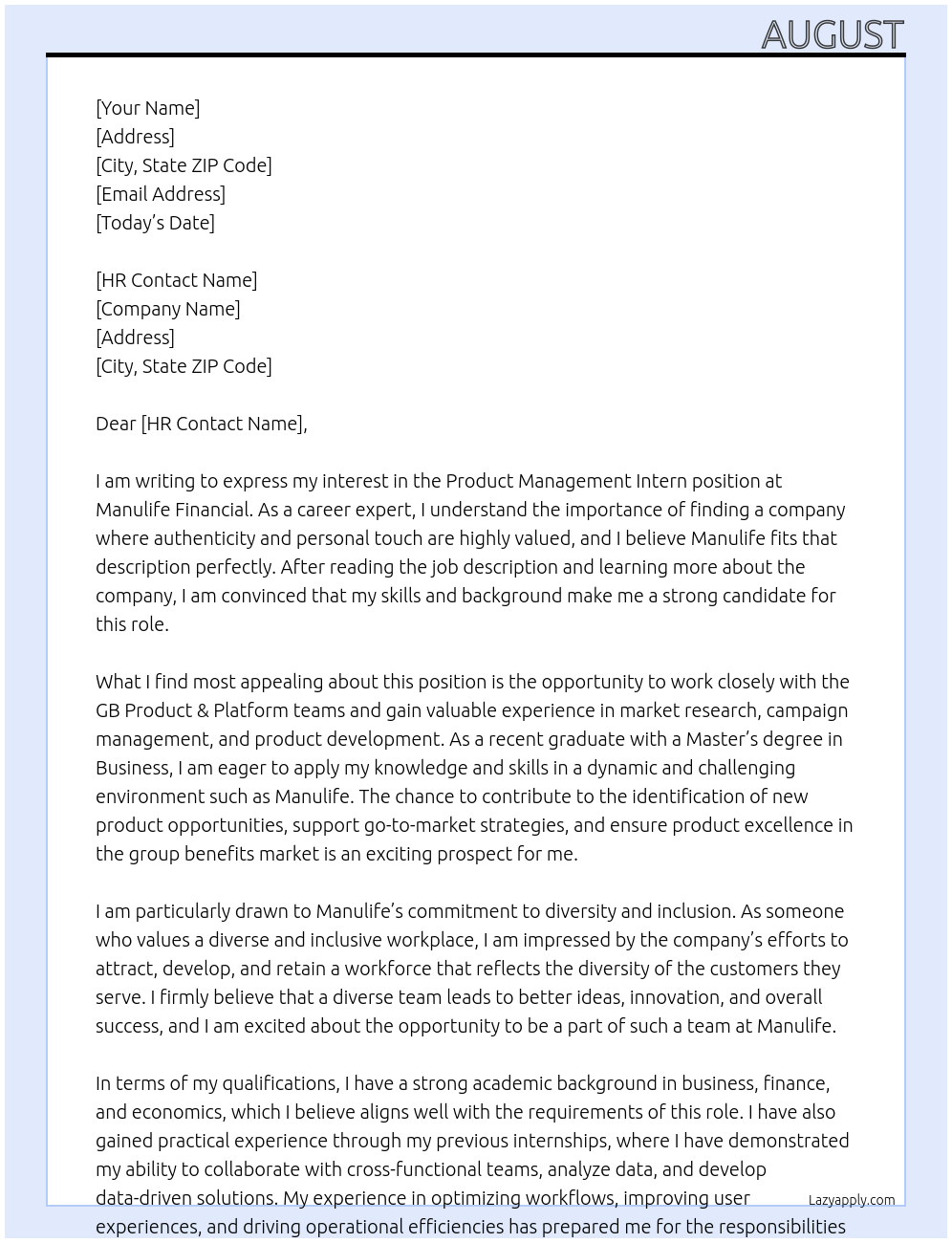 Product Management Intern At Manulife Financial Cover Letter