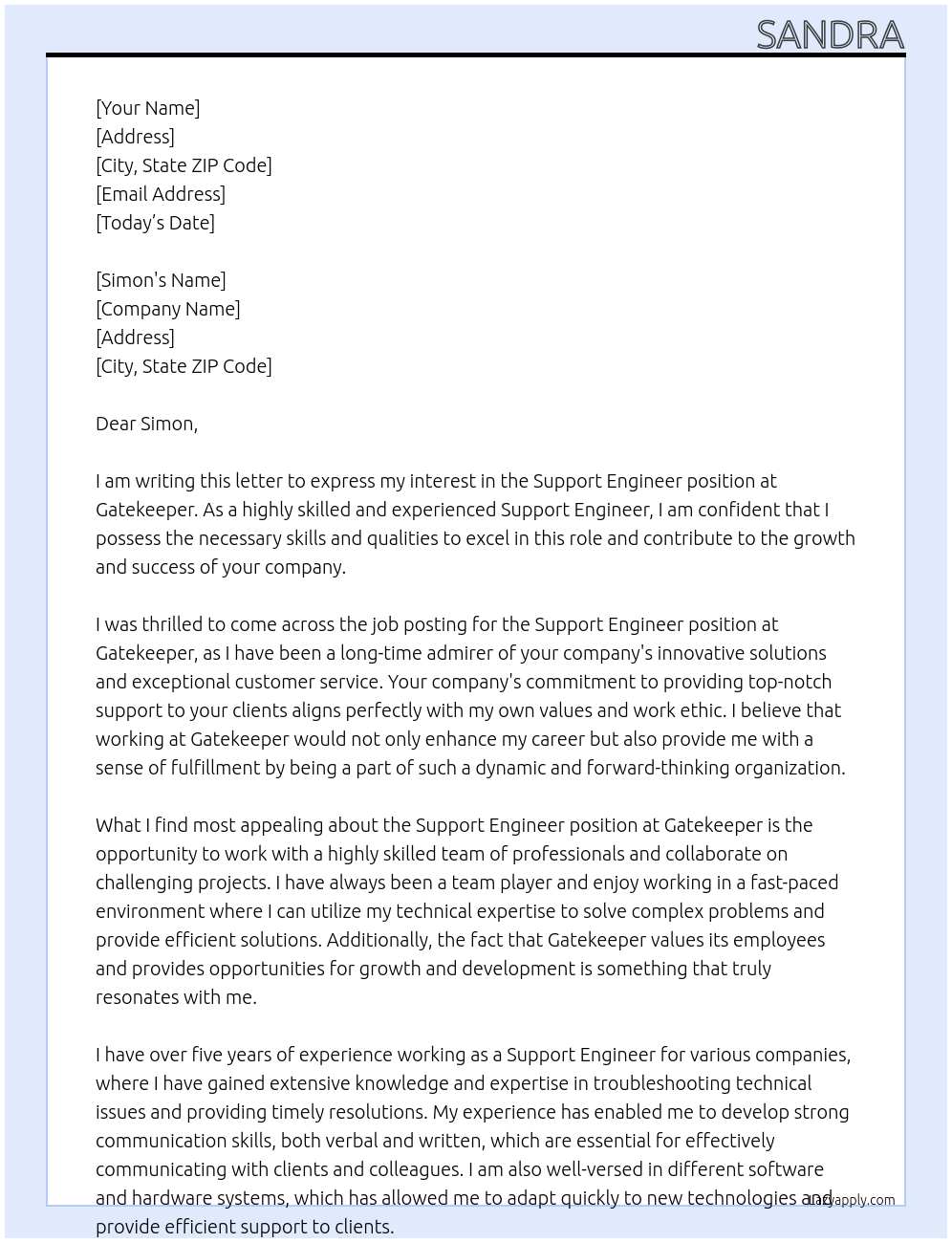 support engineer At gatekeeper Cover Letter