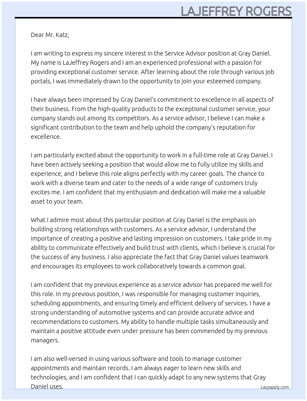 Service Advisor  At Gray Daniel Cover Letter