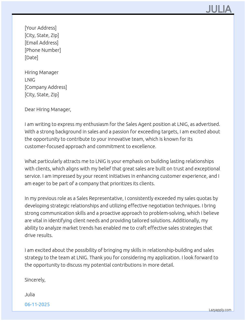 Sales agent At LNIG Cover Letter